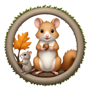 Icon for Rodents: A vibrant collage featuring a playful hamster in a wheel, a fluffy gray mouse with large ears, and a cheeky squirrel holding an acorn. Background with scattered seeds and tree branches. Transparent background. sticker