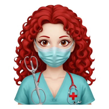Lilith symbol seductress long curly hair evil surgeon.  brown hair. Red surgical mask.  covering. She works for cartel and kills  with a scalpel. Sexy surgeon outfit sticker