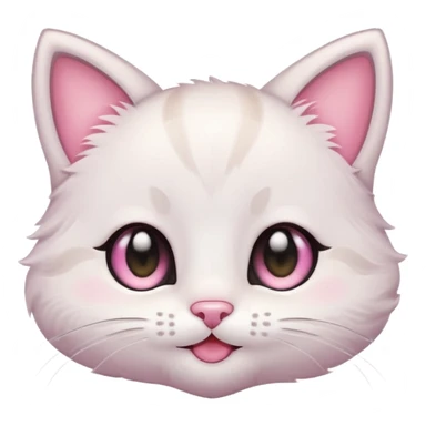 Cute chibi kitten emoji, big sparkly eyes, tiny pink nose, pastel colors, simple thick outline, smiling, clean flat shading, transparent background, no text sticker