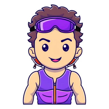 close-up of cool guy male athlete with white skin and moderately curly dark brown hair on top with shaved sides, with one purple ski goggle lens pushed up above his eyes on his forehead, sticking his tongue out of his mouth, wearing only a plain black chain necklace around his neck, and a completely unzipped sleeveless vest with purple and black sequin fire pattern design with no logo, clearly showing he is shirtless underneath with exposed chest and abs sticker