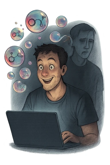 a man sits in front of a glowing screen, with colorful, artificial-looking dopamine molecules floating around his head like soap bubbles. Some bubbles pop and disappear quickly, symbolizing fleeting pleasure. In the background, a shadowy version of the man looks unsatisfied or empty, highlighting the temporary nature of the gratification. sticker