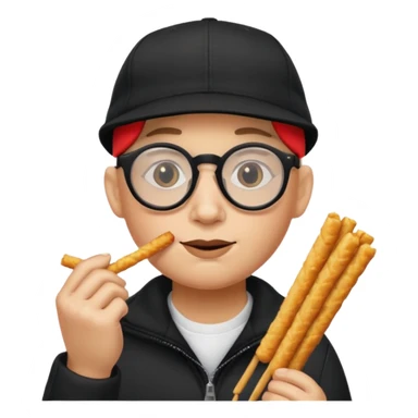 num num eatting hashbrown sticks with a plain black cap and glasses no hair add the words Rollin' 18 to hat sticker
