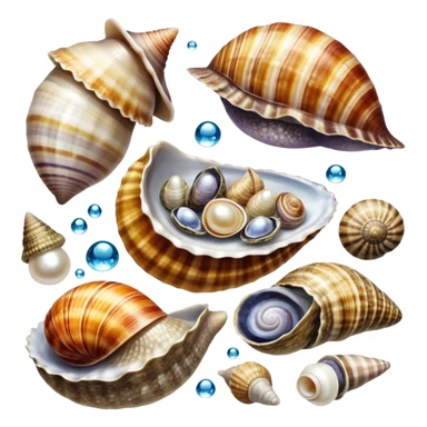 A colorful collage of sea snails, clams, and oysters, with intricate shells, pearls, and water droplets. Some shells are open, revealing the soft interior, while others remain closed. Beautiful oceanic background with soft lighting, coral, and aquatic plants. Transparent background. sticker