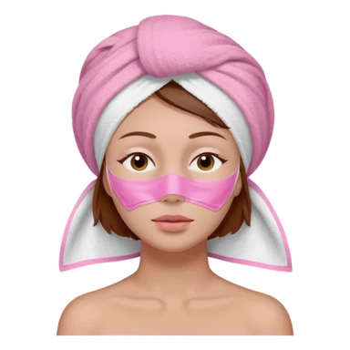 A woman with brown hair partially visible beneath a white towel wrapped around her head. Her face is covered with a pink skincare mask applied to the T-zone and cheeks. She has a calm, content expression with her eyes closed sticker