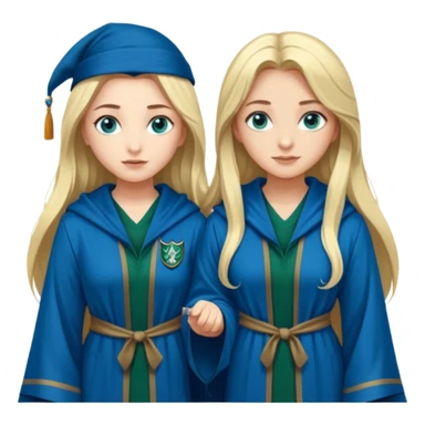 hot Slytherin girl with long blonde hair, blue eyes and big boobs standing with a pretty ravenclaw girl with long dark brown hair and blue eyes sticker