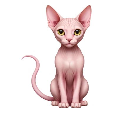 cinematic-[sphynx cat]-realistic-full-body-sitting-emoji,-tail-curled-playfully-around-its-paws,-head-tilted-dramatically,-sleek-[pink]-skin,-simplified-yet-realistic-focused-features,-highly-detailed,-glowing-with-an-almost-sarcastic-glow sticker