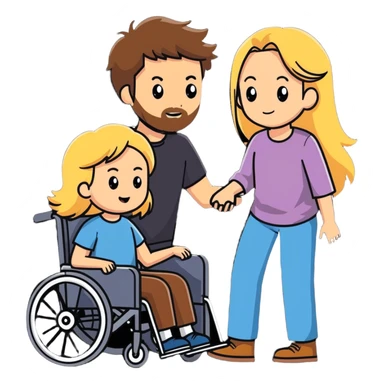 Brown haired man with a beard in a wheel chair with long blonde haired mom pushing sticker