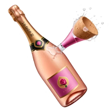 bottle of sparkling rosé champagne with a rose logo on the label, with the cork popping out, tilted up and to the left, no glass sticker