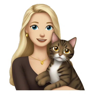 Beautiful skinny woman long dark brown hair in dark dress with gold earrings and blond man with blue eyes hug bengal cat sticker