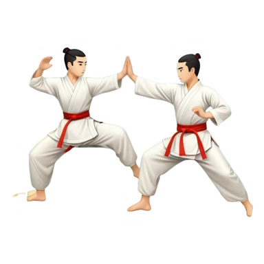 Two martial artists in traditional Wushu attire, performing elegant, fluid moves. The background shows a peaceful, scenic landscape with mountains and bamboo trees, symbolizing the balance of power and grace in Wushu.  sticker