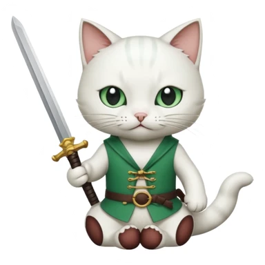 un gato blanco con reeferencia a rororoa zoro "una espada en cada mano y una en la boca" sticker