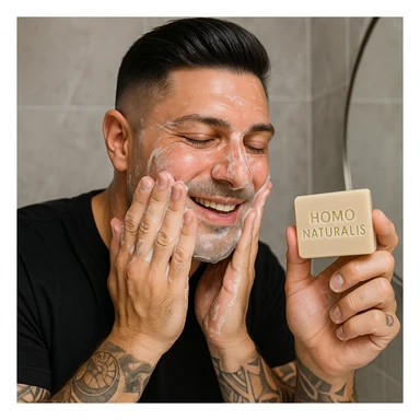 Create a realistic image of a man washing his face with a soap called 'Homo Naturalis'. The man's face and appearance should closely resemble the person in the reference photo. Show the soap with the name clearly visible. The tone should be natural and positive. sticker