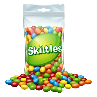 A very colorful Skittles candy package in bright rainbow colors, partially open with only green Skittles visible inside and a few green candies next to it. sticker