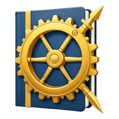 Un libro azul navy con detalles dorados, bordes metálicos y un gear dorado con una flecha ascendente como productividad en la portada, irradiando productividad, estrategia y éxito en movimiento (book of productivity) sticker
