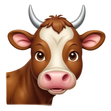 Cinematic Cute Brown Cow Portrait Emoji, Head tilted playfully and inquisitively, featuring a glossy, rich brown hide with a natural sheen, round, sparkling brown eyes filled with gentle curiosity, Simplified yet irresistibly adorable features, highly detailed, glowing with a warm, friendly glow, high shine, affectionate and serene, stylized with a touch of country charm, bright and endearing, soft glowing outline, capturing the essence of a mischievous yet loving cow, so playful it feels like it could moo out of the screen and into your arms! sticker