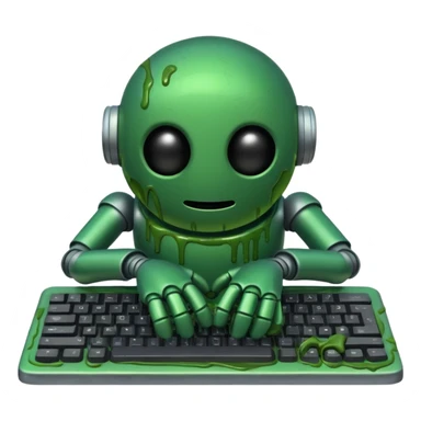 An emoji of a green robot melting away covered in thick green sludge sad and depressed, crawling out of a keyboard.  sticker