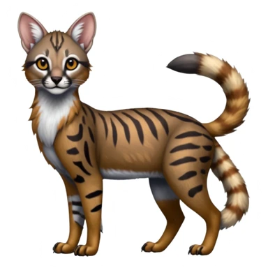 Realistic patterned marked edgy greyish blackish whitish silvery coppery Shiny Colorful Glossy Genet-Caracal-Lion-Bobcat-fusion-animal-hybrid-creature, full body, tufted ears, long thin tufted tail sticker