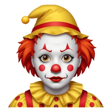 Yellow pointed hat with a red tip.

Red hair sticking out on the sides.

White face paint with black eyebrows, red nose, and red lips.

Wearing a yellow clown costume with red buttons.

Sad, concerned expression. sticker