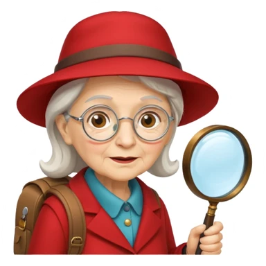 scout old woman with hat, backpack and magnifying glass, red sticker