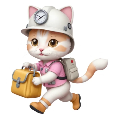 A cute white and pink cat dressed as engineer with a white helmet running very fast carrying her cute bag sticker