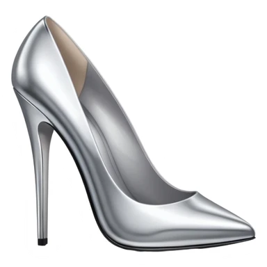 A pair of high heel shoes emoji made of polished silver chrome, elegant sharp silhouette, smooth metallic surface, glossy reflections, luxury sexy vibe, minimalistic iOS emoji style, centered, clean white background sticker