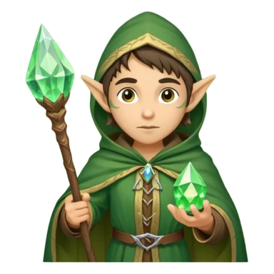 {
      "type": "human",
      "look": "forest elf mage, green cloak, wooden staff, glowing crystal tip",
      "description": "a forest elf mage in green cloak holding a wooden staff with a glowing crystal tip"
    } sticker