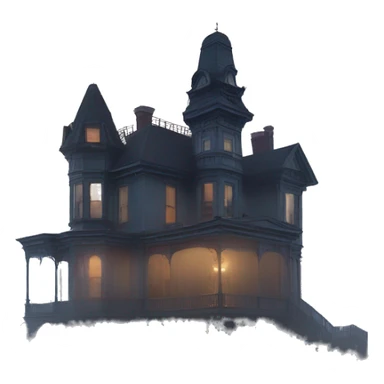 A ramshackle Victorian mansion looms through dense fog at dusk  sticker