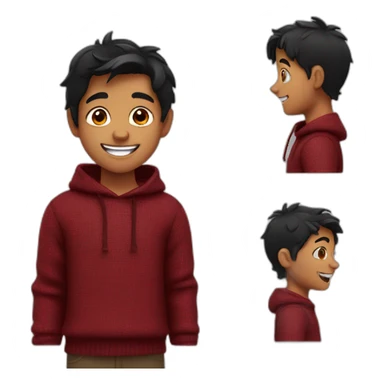 smiling and pointing north indian kid with black hair wearing a dark red sweater sticker