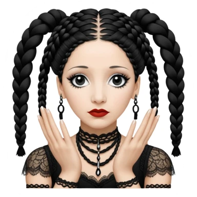 Lene Lovich as seen on the Stateless album cover with a typical symmetrical pose with her hands, lots of lace and braided hair sticker