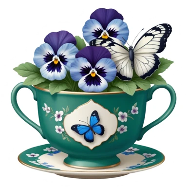 A cluster of blue and white pansies in an antique green porcelain cup, with a blue butterfly gently landing on a petal sticker