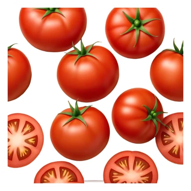 Cinematic juicy ripe tomatoe, deep red, slightly dewy, arranged on a wooden cutting board, soft glowing background, rich and flavorful. sticker