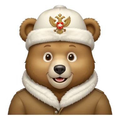 Cartoon Russian bear head wearing white furry ushanka with double-headed eagle emblem centered on the hat, iOS emoji style sticker