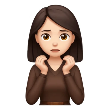 =Cartoon emoji of a woman with long, loose dark hair, wearing chocolate-colored clothes. Full-height, standing, nervous, unsure, worried expression. Slightly hunched, anxious posture. Smooth, simple, stylized sticker