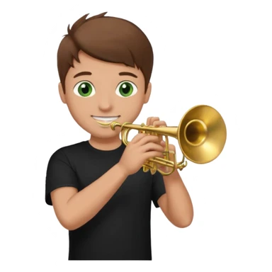 young man with brown hair that goes up, green eyes who plays a trumpet, black t shirt sticker