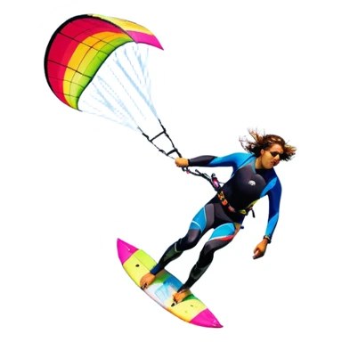 A vibrant kite soaring high in the sky, attached to a kiteboarder riding the waves below. The scene is filled with bright colors, capturing the energy of the sport. The background features the ocean, wind-blown waves, and a clear sky, showcasing the excitement and freedom of kiting. sticker