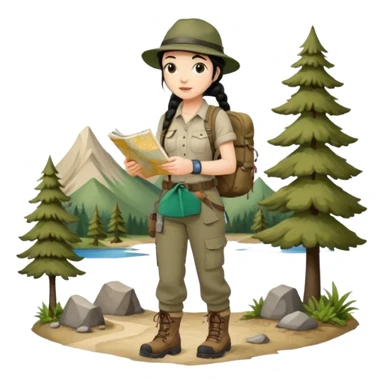A braid black hair backpacking woman checking her map with curious eyes while walking wear camping hat and dirt covered boots full body sticker