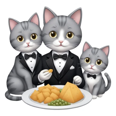 One tuxedo and two gray cats eating food  sticker