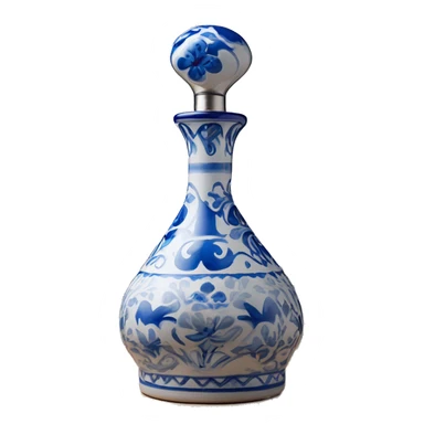 The Clase Azul Tequila bottle has a tall, hourglass-shaped ceramic body, hand-painted in white with cobalt blue floral designs. It’s topped with a distinctive gray, bell-shaped stopper that adds a final elegant touch. sticker