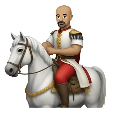 a Cossack warrior sitting on a horse in a field. The Cossack has a shaved head and a long strand of hair on one side. He has a thick, curved mustache and wears a gold earring in his left ear. He is wearing a simple white shirt and red pants sticker