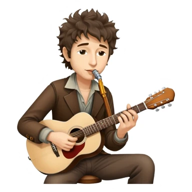 Icon for Folk Music: Bob Dylan with his harmonica and acoustic guitar, performing with his band on stage. The atmosphere should be intimate and nostalgic, capturing the soul of folk music with simple instruments and natural vibes. Transparent background. sticker