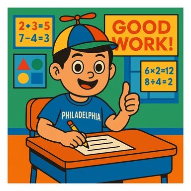 Change Little Johnny's hair to dark brown or black, keeping the rest of the scene the same: boy named Little Johnny, propellor hat, Philadelphia sports shirt, in a classroom with math posters, demonstrating good work habits, colorful and friendly illustration style. sticker