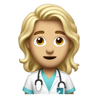 A handsome young male nurse with long, wavy dirty-blonde hair cascading down past his shoulders looks clueless and afraid with a question mark  sticker