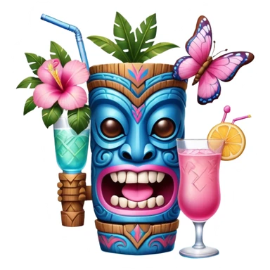 Pixar style little Blue and pink tiki singing with a butterfly and tropical drink, ultra detailed and lifelike imagery, realistic sticker