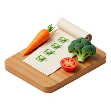 carrot tomato brocoli on the wooden cutting board with floating rolled paper list with green checkboxes sticker