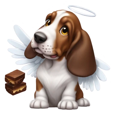 Basset hound with angel wings eating a box of chocolates, with chocolate around his mouth  sticker
