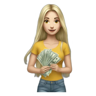 hyperrealist caucasian girl black long hair holding money sticker