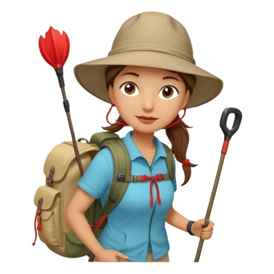 Middle aged women, long brown ponytail with wide brim hiking hat. With backpack and trekking poles. Backpack has a scallop shell with the cross of saint james hanging from it.  Remove the cross and add a scallop shell on a red string hanging from the backpack  sticker