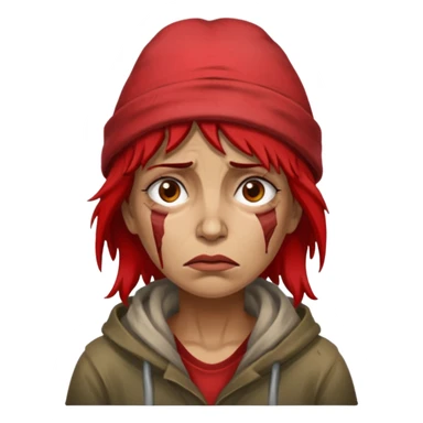 very dirty looking homeless woman with ripped red hat with ugly hair sticker