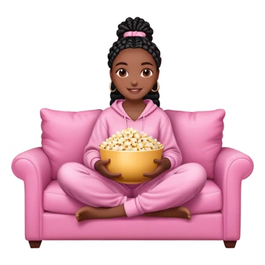 A dark-skinned Black woman with black box braids, holding a large bowl of popcorn in her lap, smiling, wearing comfy loungewear sitting on pink couch. sticker
