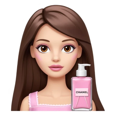 Barbie girl a brown long Straight hair and brown eyes is In pale pink smears by hand cosmetic cream Chanel on her face sticker